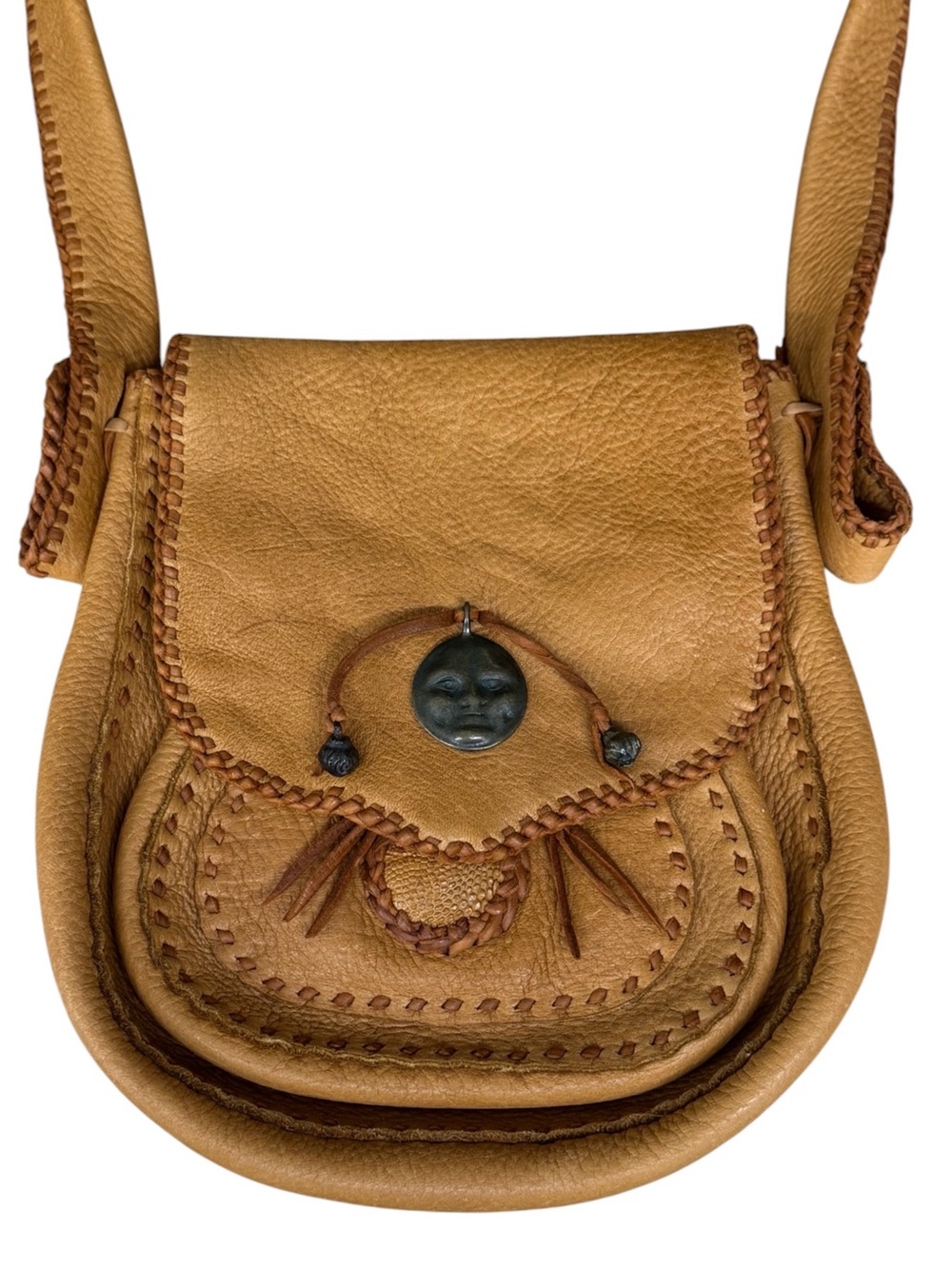 Vintage 70s Hippie Leather Bohemian Boho Gypsy Style Whip-Stitch Shoulder Bag - Picture 5 of 13